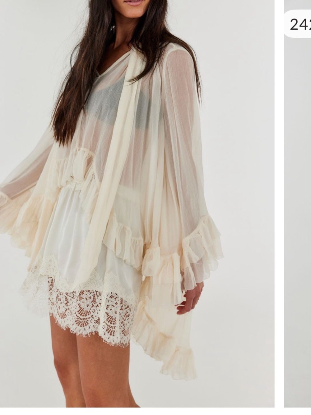 Free people cream sheer boho top with ruffle sleeves tie neck medium